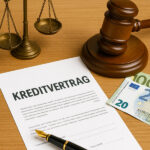 Kugelschreiber liegt auf Kreditvertrag mit Geld daneben.