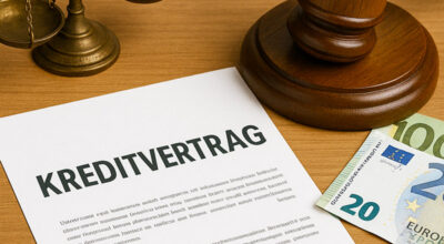 Kugelschreiber liegt auf Kreditvertrag mit Geld daneben.
