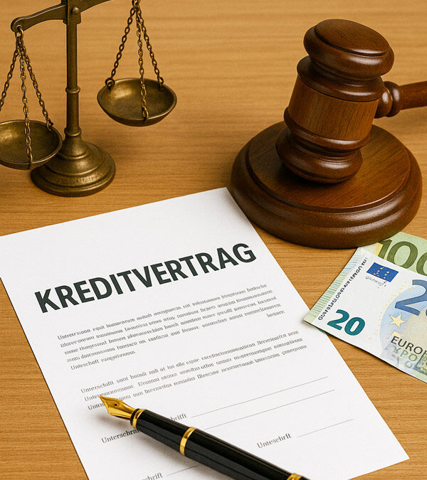 Kugelschreiber liegt auf Kreditvertrag mit Geld daneben.