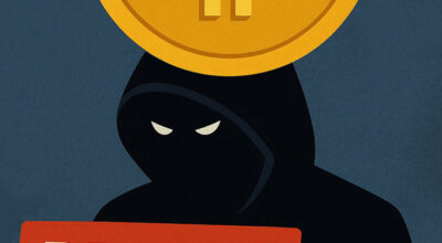 Illustration eines Diebes mit dem Bitcoin Symbol